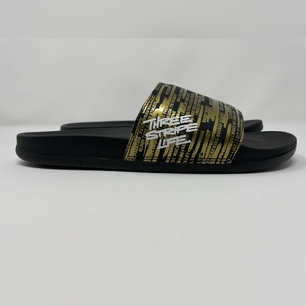 Adidas Mens Adilette Three Stripe Life Black and Gold Comfort Slides Size 8 NWOT